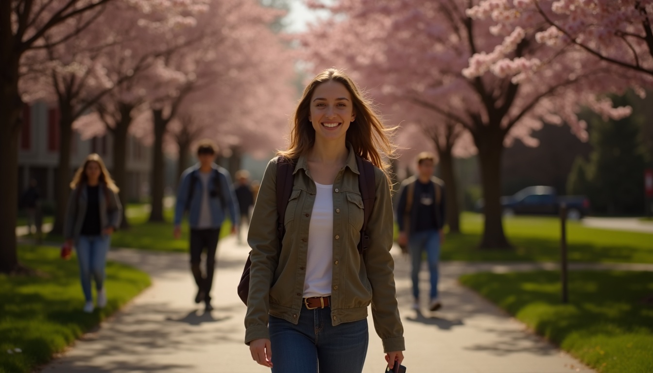 Happy college student walking across a Pacific Northwest campus in spring