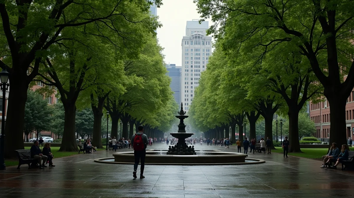 South Park Blocks fountain and tree lined walkway at Portland State University