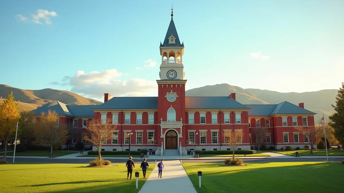 Thompson Hall clock tower at Washington State University in Pullman with Palouse hills